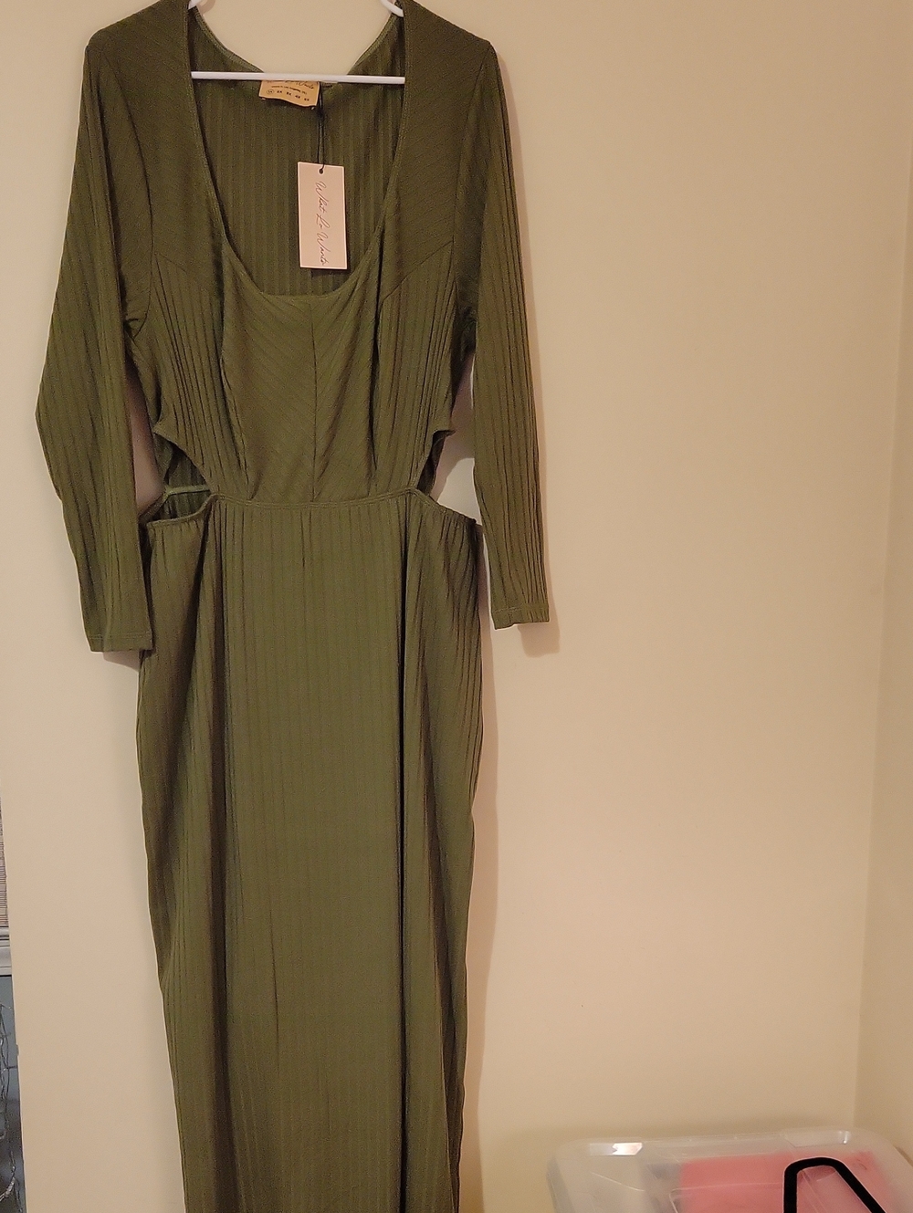 #4G Long Sleeve Olive Green Ribbed Maxi Dress with Side Cutouts